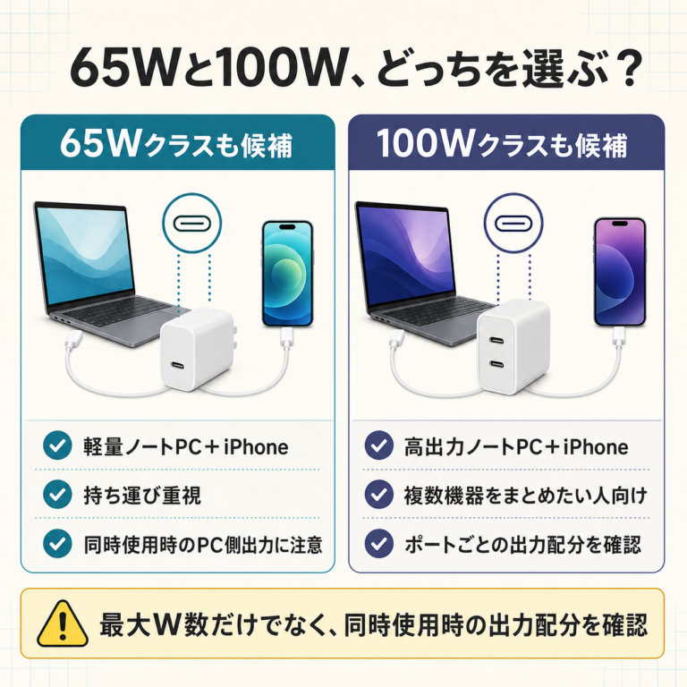 iPhone・ノートPC用充電器は65Wと100Wどっち?必要出力と同時充電で選ぶ