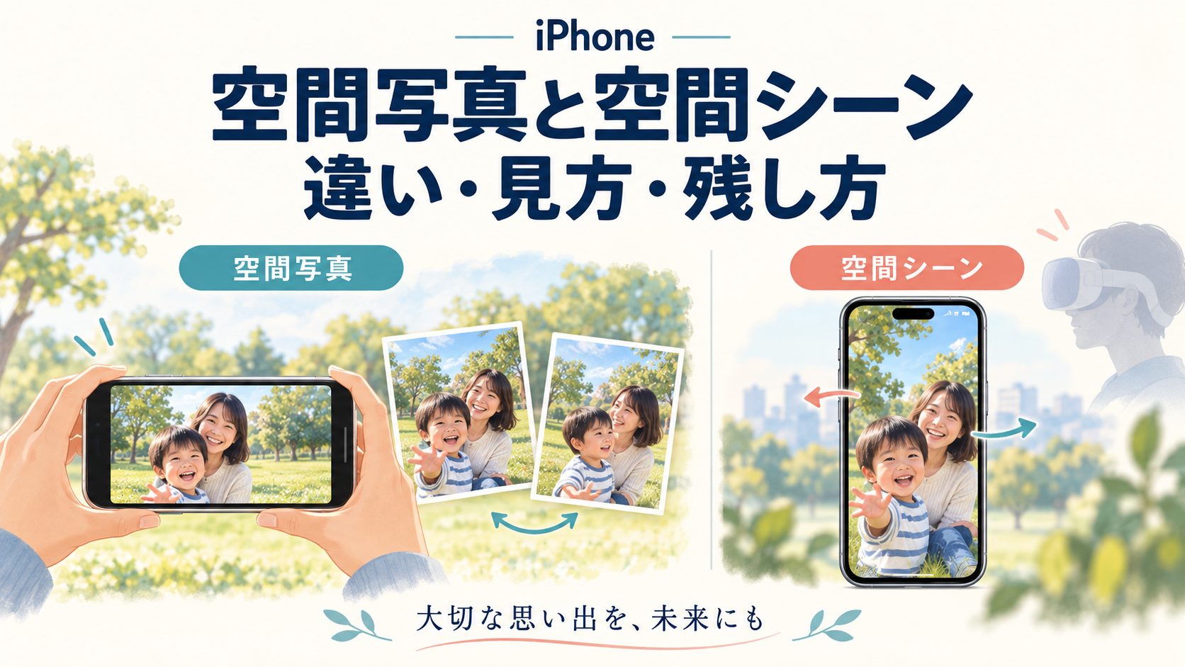 iPhoneの空間写真と空間シーンの違い・見方・残し方を表したイラスト