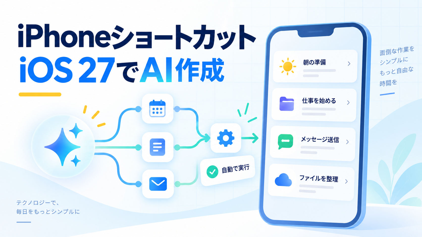 iPhoneショートカットとAIによる自動化を表す抽象イラスト