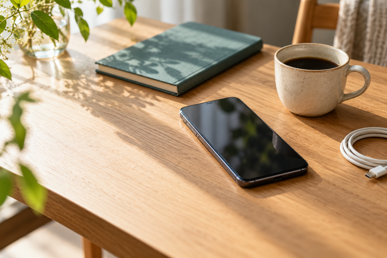 スマートフォンとノート、コーヒーのある暮らしのイメージ